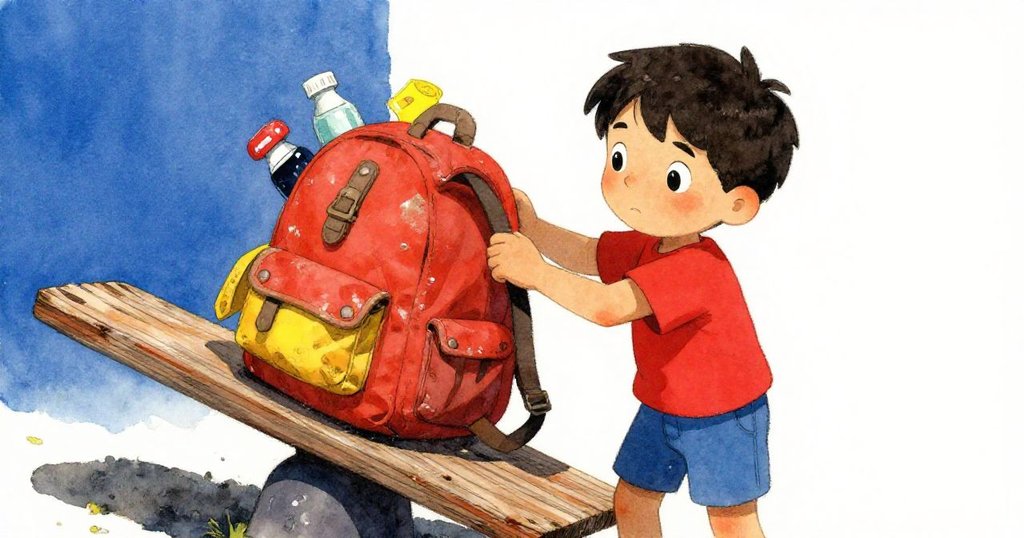 丹特仔細看著磨損的秋千保險杠和沉重的書包，背景是沙地和斑駁木板，他正調整書包以求平衡。