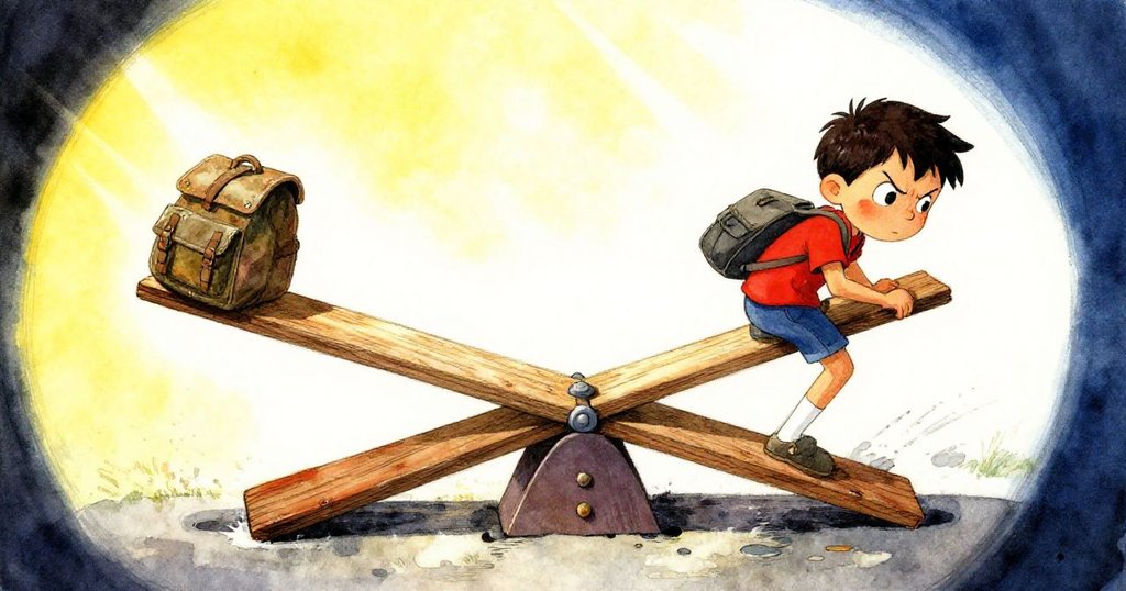 丹特使勁拉著書包向中央移動，彎曲的秋千呈現扭曲視角，油跡斑斑的木板記錄著往昔遊戲痕跡。