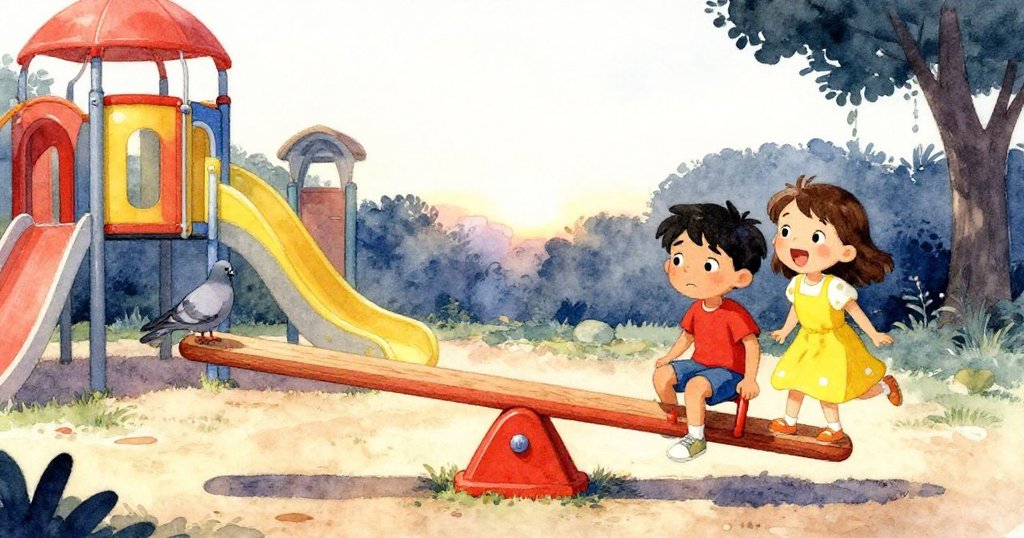 丹特和芙莉在夕陽下見證秋千短暫平衡，芙莉腳尖懸空，灰鴿安靜棲於木板上，共同告別一天充滿挑戰的遊戲時光。