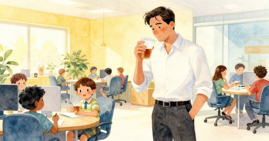 Vance 正在辦公室休息室中,用拇指觸摸塑膠杯邊,感受殘留咖啡香氣,神情專注且充滿好奇。