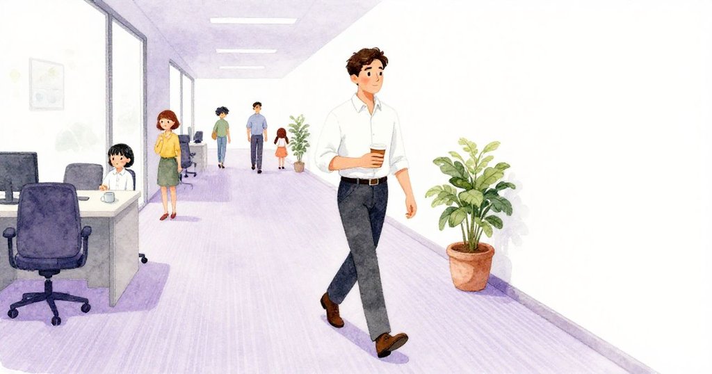 Vance 穿越充滿腳印的走廊,手持紙杯,步伐穩健,背景中散發打印機臭氧氣息和餅乾微香,神情堅定。