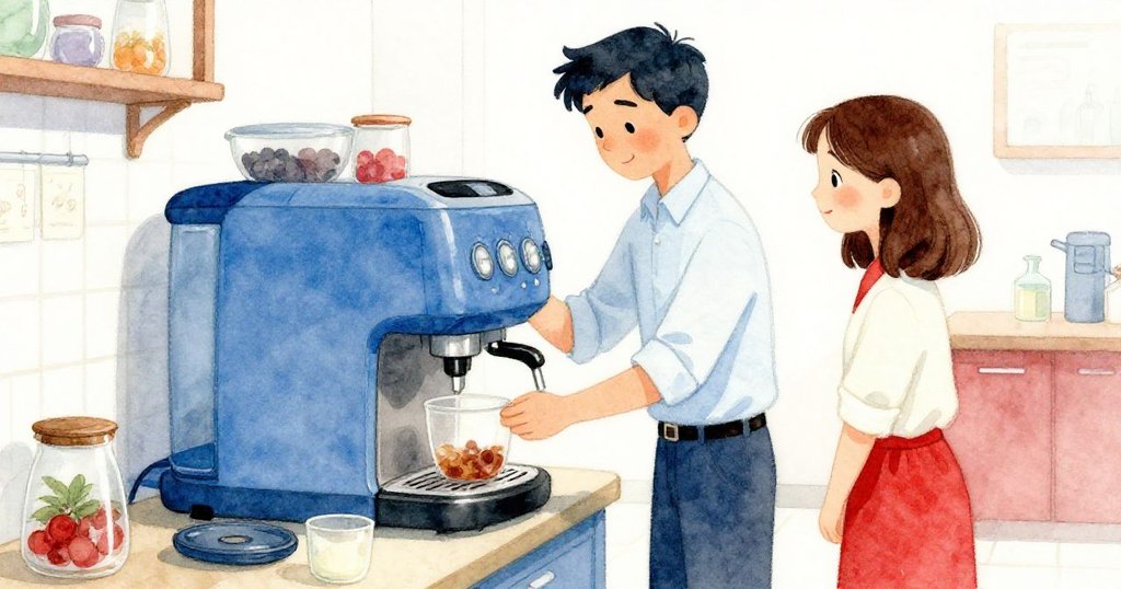 Vance 與 Greta 在咖啡機旁協作,Vance 倒水且 Greta 穩住機蓋,背景溫暖透出忙碌辦公室的協同與專注。