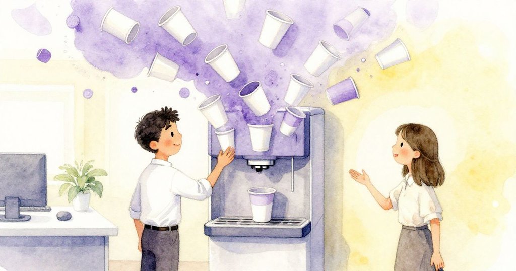 從高處俯視辦公室用品區,紙杯在咖啡機旁輕盈飄落,Vance與Greta互動調整,情景生動且富層次。