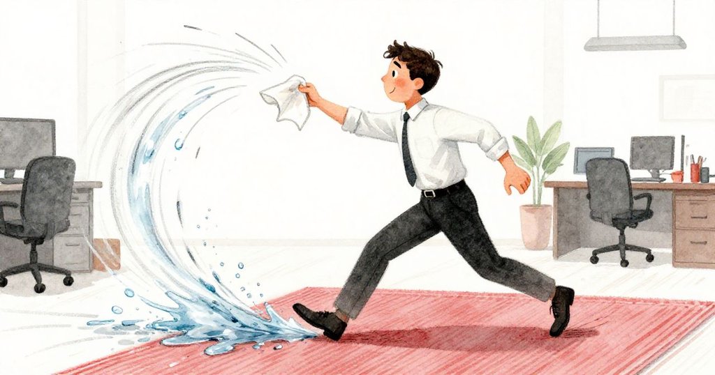 Vance 神情急促地在彩色地毯上奔跑,手持餐巾追逐滴落水痕,動態軌跡表現迅速而明確的辦公室緊迫感。