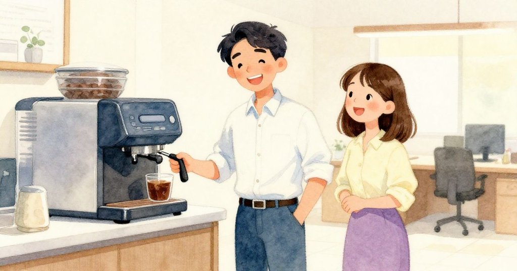 Vance與Greta站在咖啡機旁,面露安心微笑,溫暖光線映襯下象徵辦公室小風波過後的平靜與勝利。