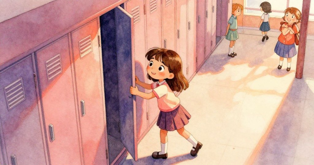 Tara站在學校走廊中，用力拉著半開的供應櫃門，神情專注，從上方俯視展現忙碌且充滿神秘感的校園環境。