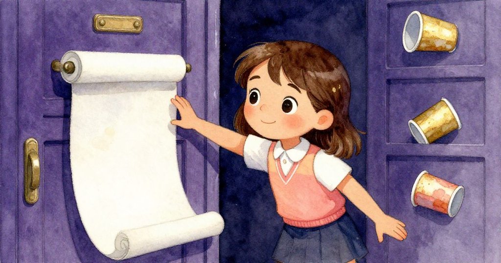 Tara的手正伸向捲著的繪圖紙和傾斜的杯子，兩件物品並列呈現對比，背景為陳舊供應櫃內部，細節豐富。