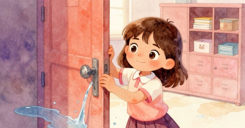 Tara決心地將肩膀滑入門把下，前景手部細節清晰，中景水滴沿著紙張流淌，背景顯示陳舊供應櫃。