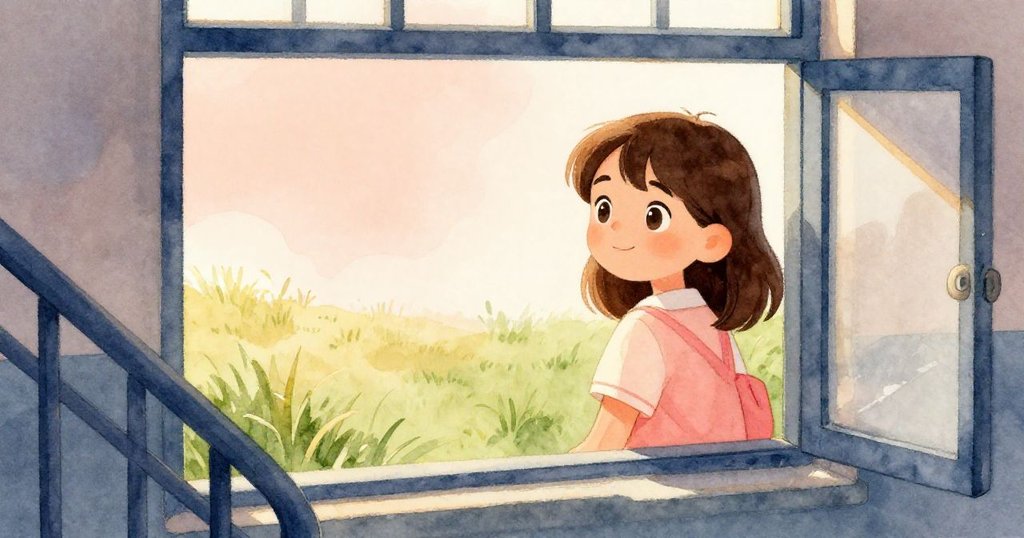 Tara注視著開放的樓梯窗外，輕風帶來青草氣息，顯示室內與戶外過渡，神情溫柔又充滿期待。