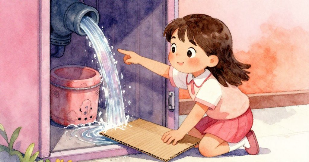 Tara果斷地把瓦楞紙板放在門檻上，引導染色水流回櫃內，水光在地面上形成光帶，展現動作與效果。