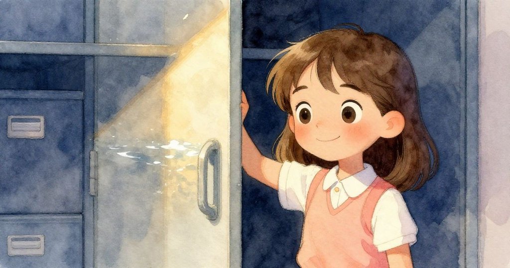 Tara靠近半開的供應櫃門，臉上掛著平靜微笑，水跡逐漸消退，整個環境瀰漫著溫暖與寧靜的氣息。