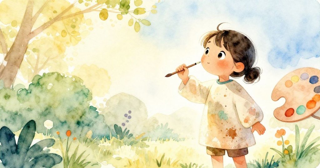 Dawn用畫筆輕觸濕潤調色板, 早晨陽光映照下, 她神情專注, 輕柔光影中展開繪畫旅程