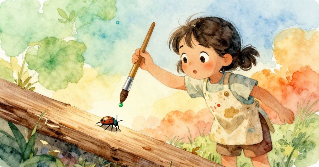 Dawn凝視著一滴綠色顏料落在木板邊探險的小甲蟲上, 略微傾斜的視角增添動感, 情節逐漸展開