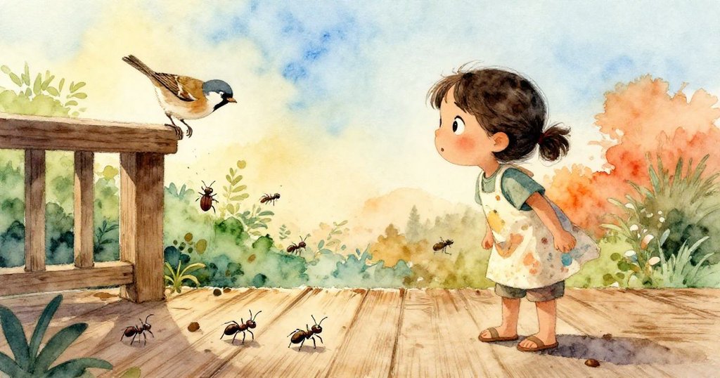 Dawn驚訝地看著甲蟲沖破螞蟻隊伍, 小麻雀從窗台躍出, 木板上展現生動追逐情節