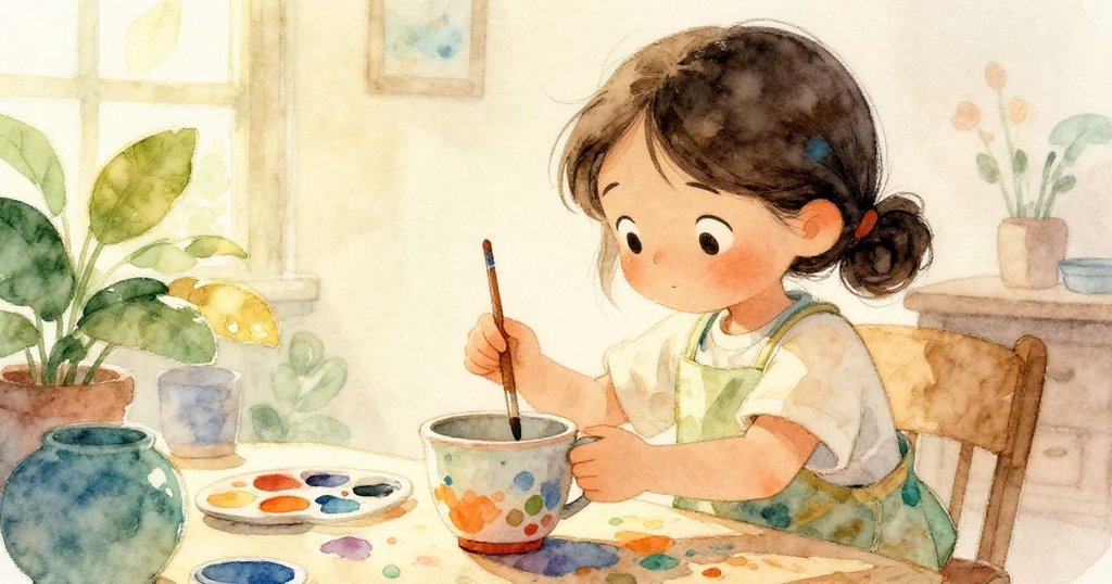 Dawn溫柔地用手穩住搖晃的沖杯, 微笑告別混亂, 畫筆靜臥一旁, 場景回歸平靜與溫馨