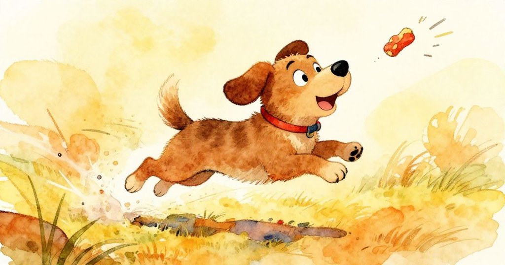 ブラウンの犬ブラムがおやつを追いかけ、勢いよく跳ねる動きを軌跡で表現された、温かみある明るい屋外シーン。