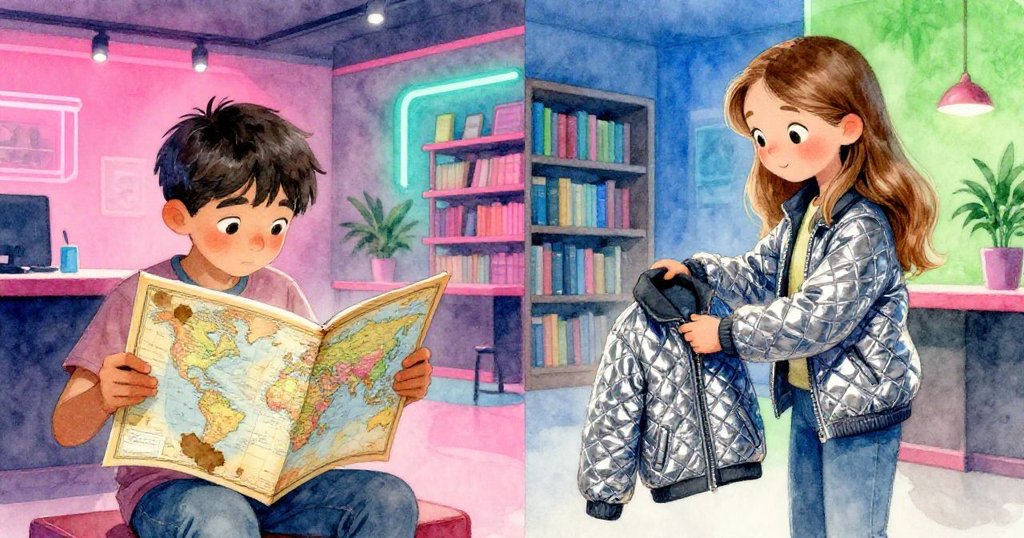 ライルが重い地図本を引っ張り苦労する横、ビーが笑顔でキルティッドジャケットを差し出し助ける、二つの情景が並ぶ場面。