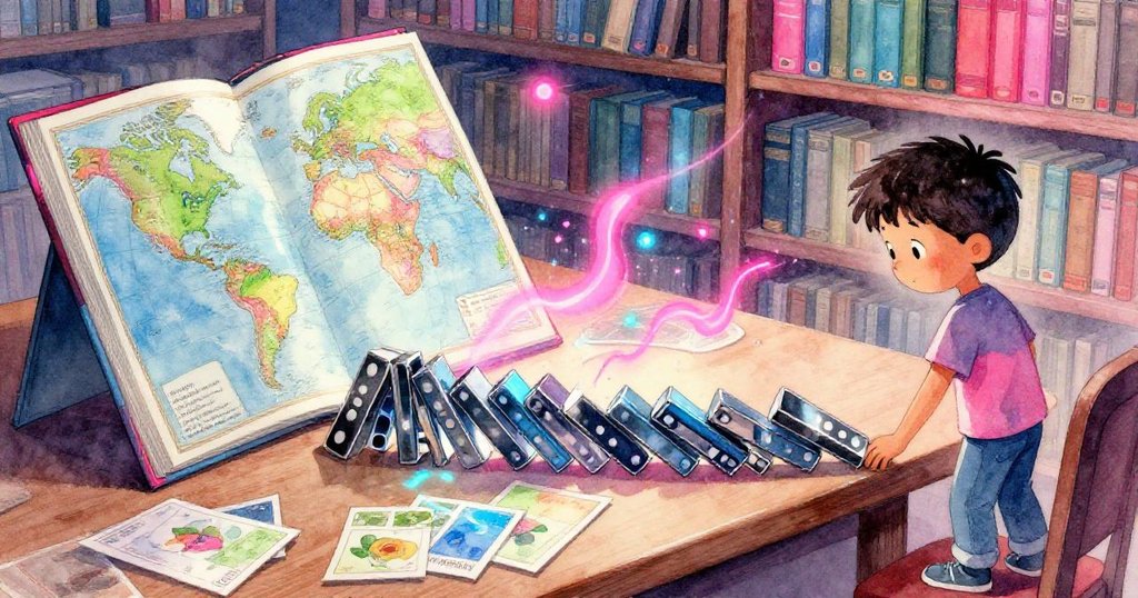 図書館の読書机上で、ライルが引いた地図本がパンフレットを倒し、鮮やかなネオン光に照らされた動的な瞬間が映し出されています。