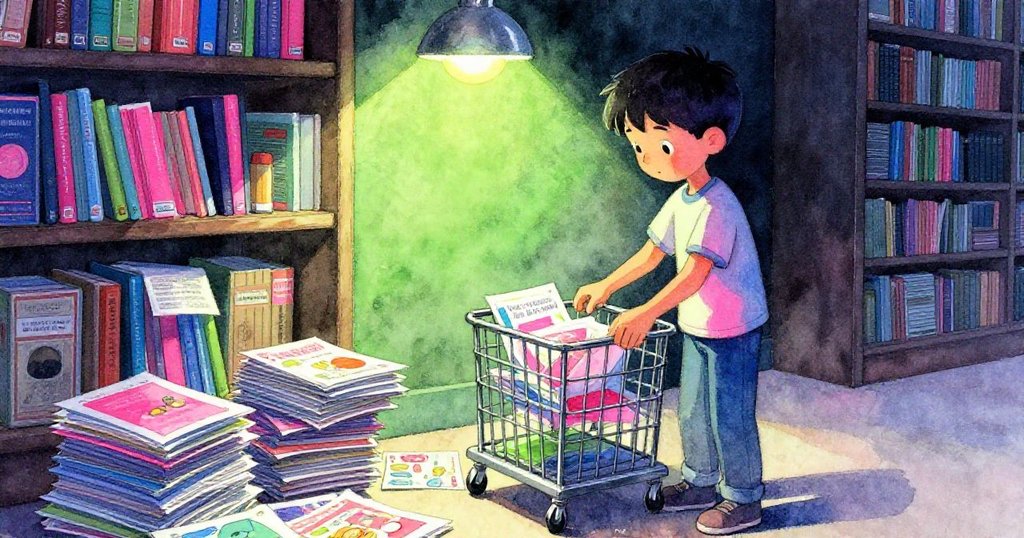 閉館前の図書館で、ライルが散らばったパンフレットを整然と重ね、静かな安堵感とともにバスケットを台車に置く決意の瞬間が描かれています。