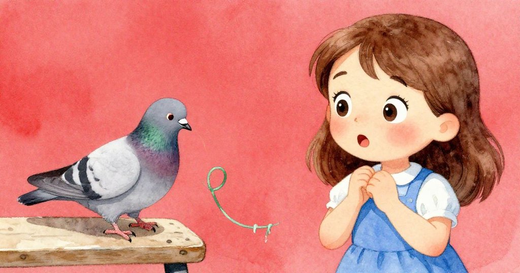 イラの表情に驚きと希望が映り、ハトがそっと着陸し、ほころびた緑の糸を静かに戻す瞬間をクローズアップで描写。