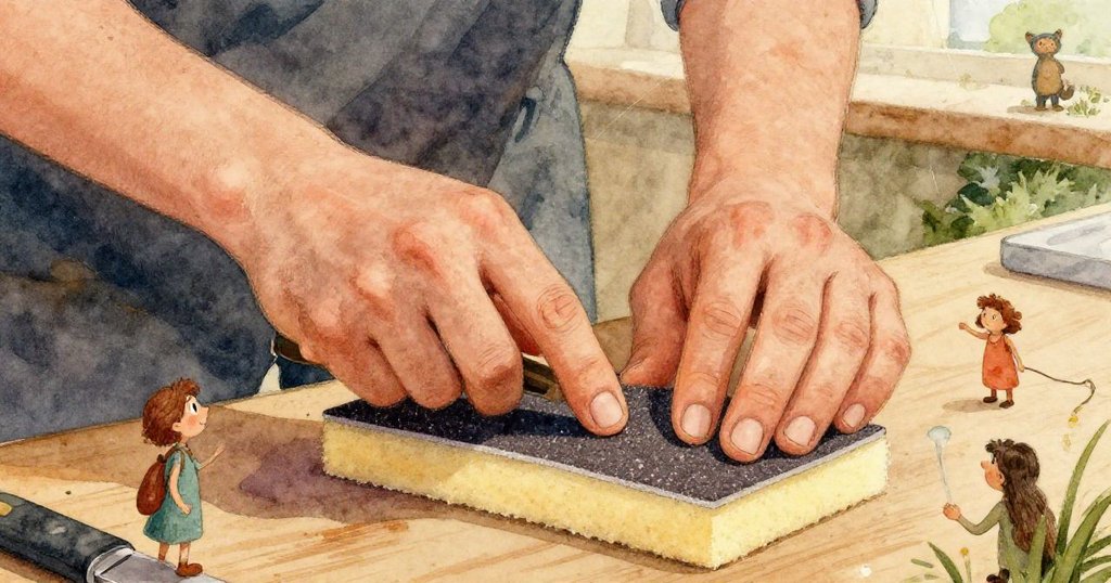 ジョエルの手がサンディングトレイ上の粉塵と半ば消えかけた銀色の指輪を丁寧に扱い、歴史の深みを感じさせる中間の瞬間を映している。