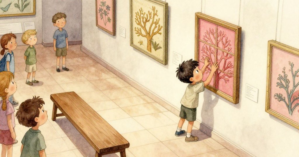 ルークが展示ホールでパネルを操作し、来場者と共に広がる温かい空間の中で好奇心を示す様子が上空から描かれている