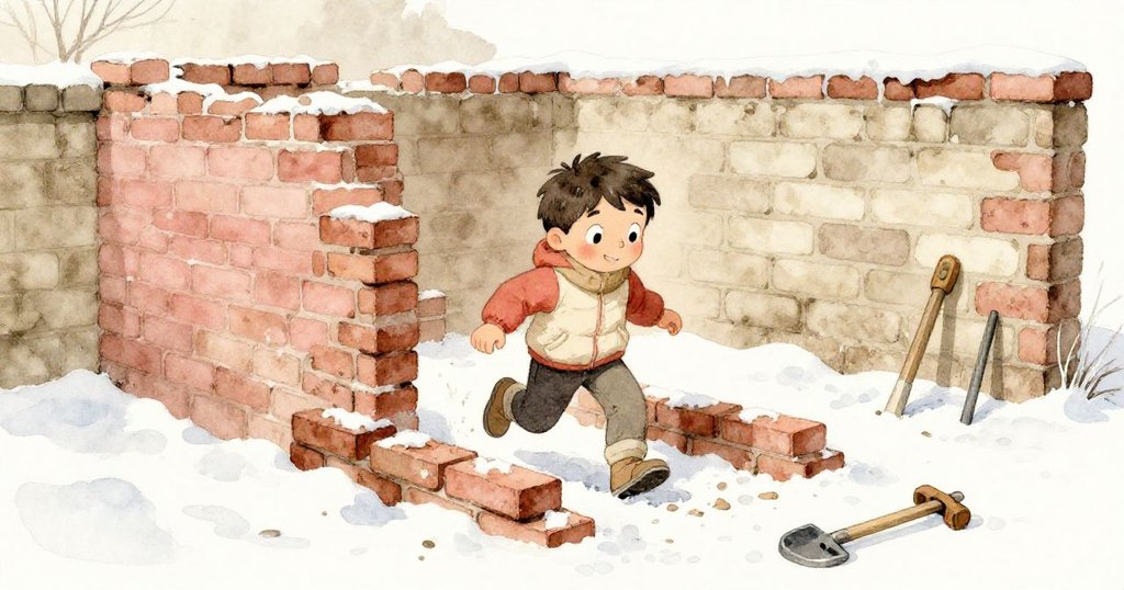 サムが雪の中、レンガの現場に足を踏み入れ、未完成の壁と整然と並ぶレンガを見ながら好奇心に満ちた表情を浮かべています。