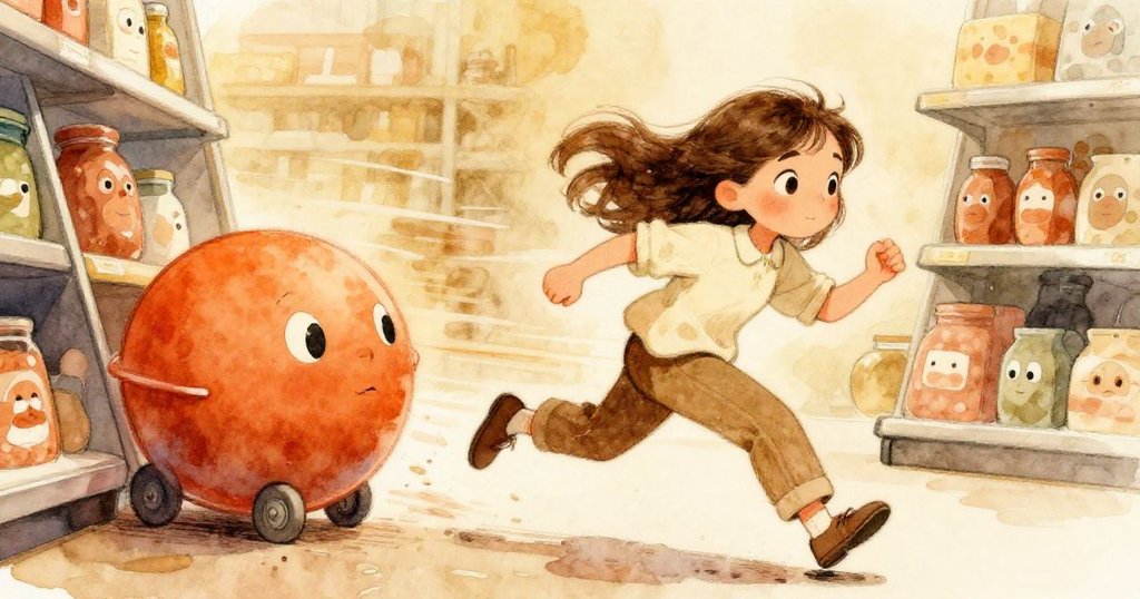 ライラが走りながら転がる容器を追いかけ、動きの中で集中した表情を見せ、温かい色合いの中で迫力ある瞬間を捉える