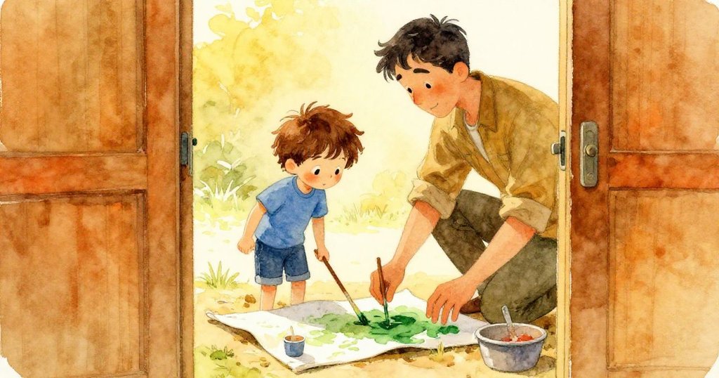 隙間からライルの父が緑のペンキを混ぜる様子をライルが興味津々に見守る、温かみある屋外作業空間の一幕。