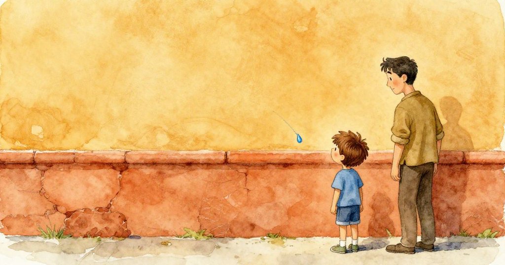 レンガの目地に沿って青い滴が彗星のように進む中、ライルと父が驚きと感動を見せながら遠くからその変化を見守るシーン。