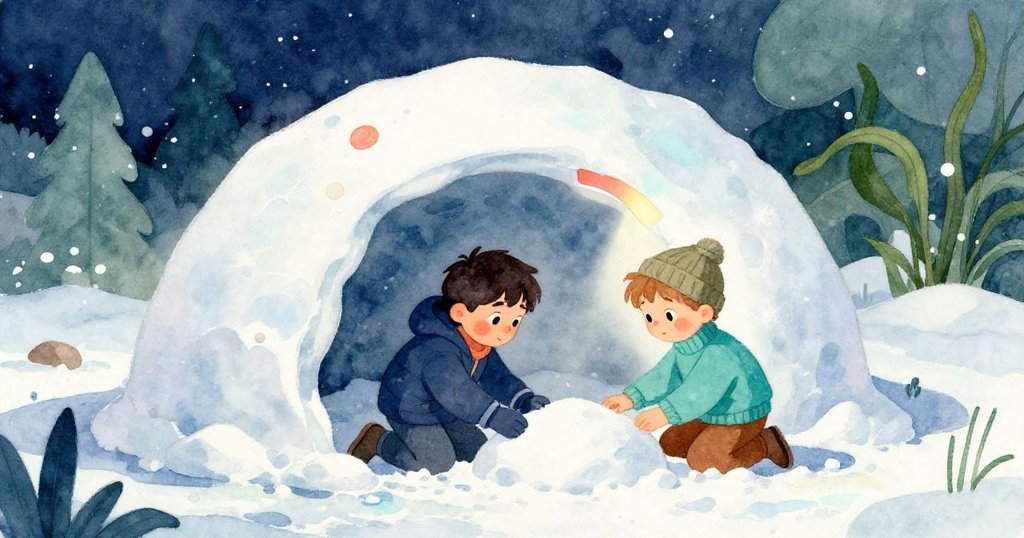 マイルスとハリスが雪の半完成ドーム作りに励む、厳しい冬の光と影が交錯する広々とした屋外で作業する様子。