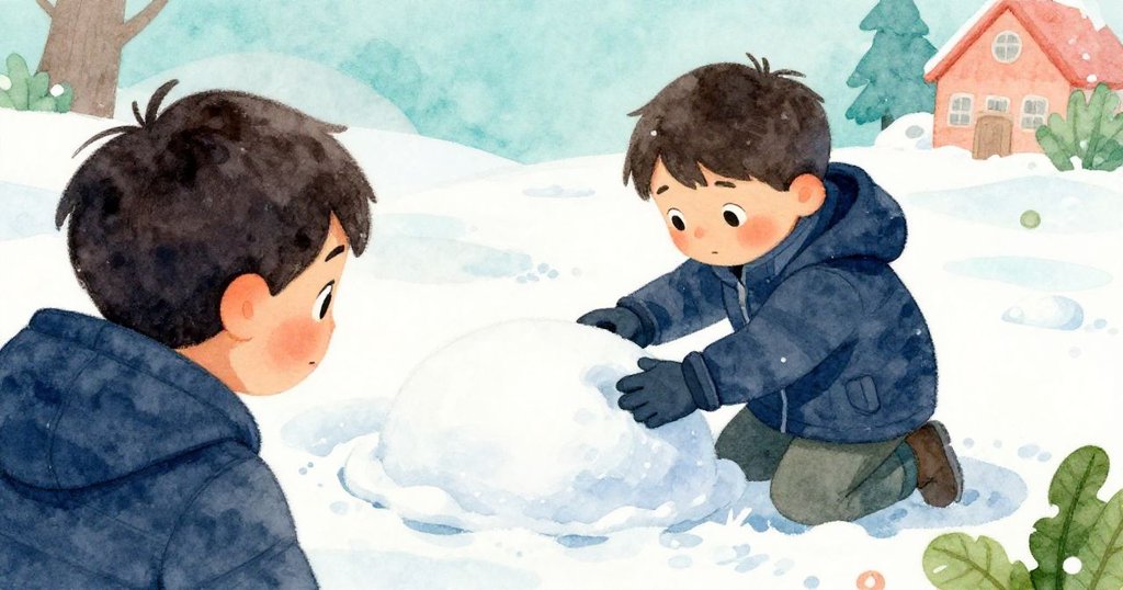 マイルスの背後から、手袋をはめた手が雪ドームの欠けた部分を丁寧に修復する、集中した姿勢を示す冬の一瞬が描かれています。