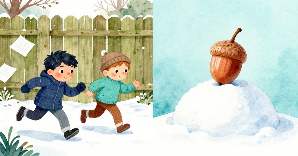 左右のパネルで、左はマイルスとハリスが杉の柵近くで飛ぶスケッチを追い、右は雪ドームにそっと落ちるどんぐりが印象的に描かれています。