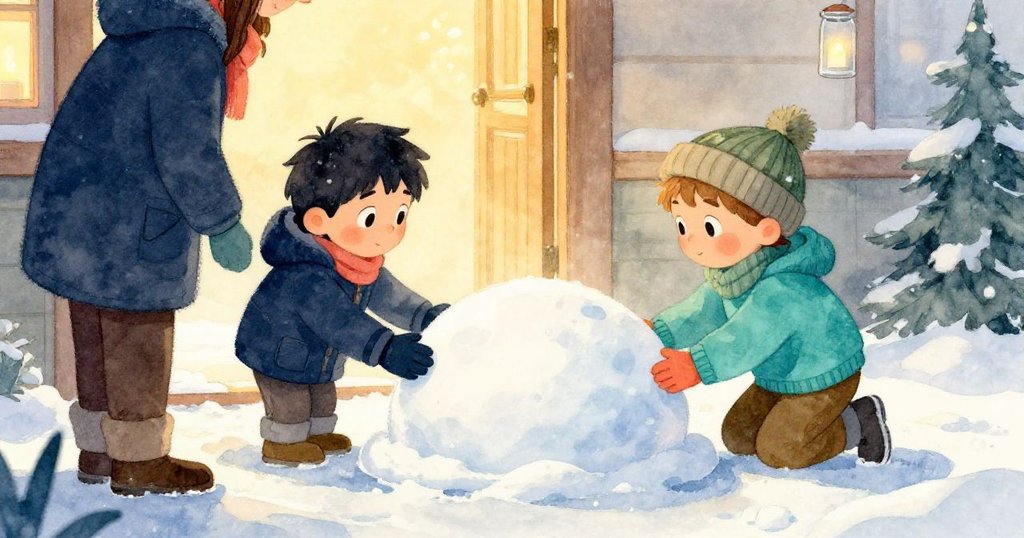 夕暮れ時、マイルスとハリスが完成した雪ドームを持ち、大人に誇らしげに届ける、温かいキャンドル光と夕日の中で収まり感動的なシーンが描かれています。