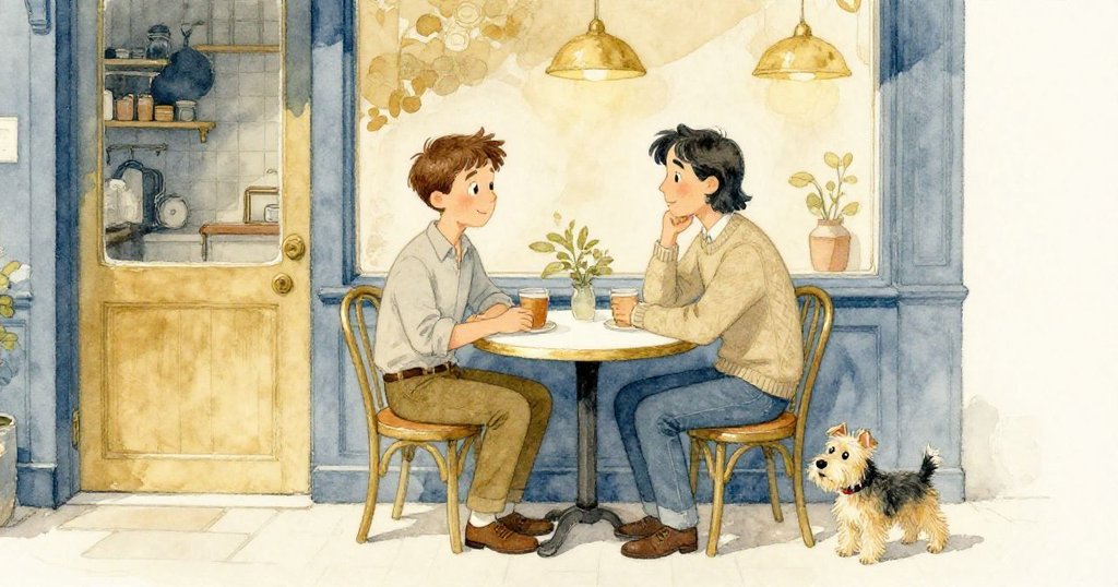 ケントとパウルがキッチン横のテーブルに腰を下ろし、テリアがそばに寄り添う。温かな光と静かな動きが感じられる場面。