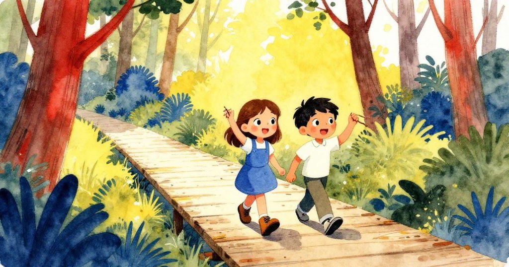 ジューンとディーンが、自然の美しさを背景にしっかりと作られた遊歩道に向かい、杖で方向を示しながら前向きな気持ちで歩むシーンです。