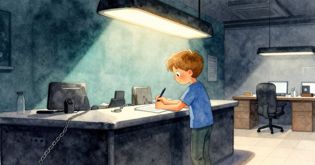 ラスが customs desk で書類に熱中し、ペンの鎖が金属に触れている、ドラマチックな光と影の中で集中する様子。