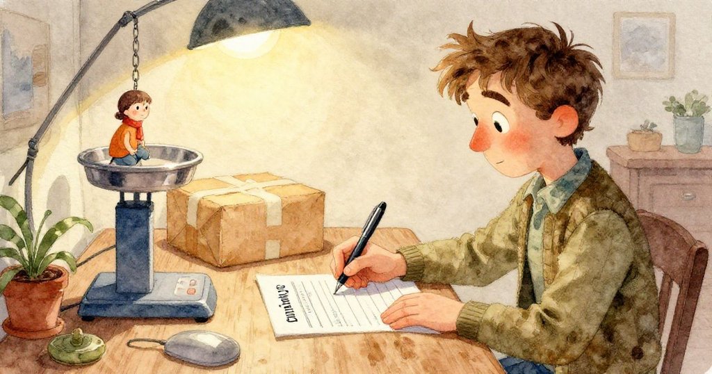 書類の近接ショット、厚く乾いた修正液の斑点とラスの指が操作しようとする質感の対比が光と影で際立つ様子。
