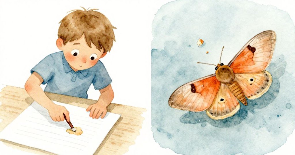 分割画面。左でラスが爪で書類の斑点をこすり、右でホッとした表情の蛾が粉塵に反応して舞い上がる動きある情景。