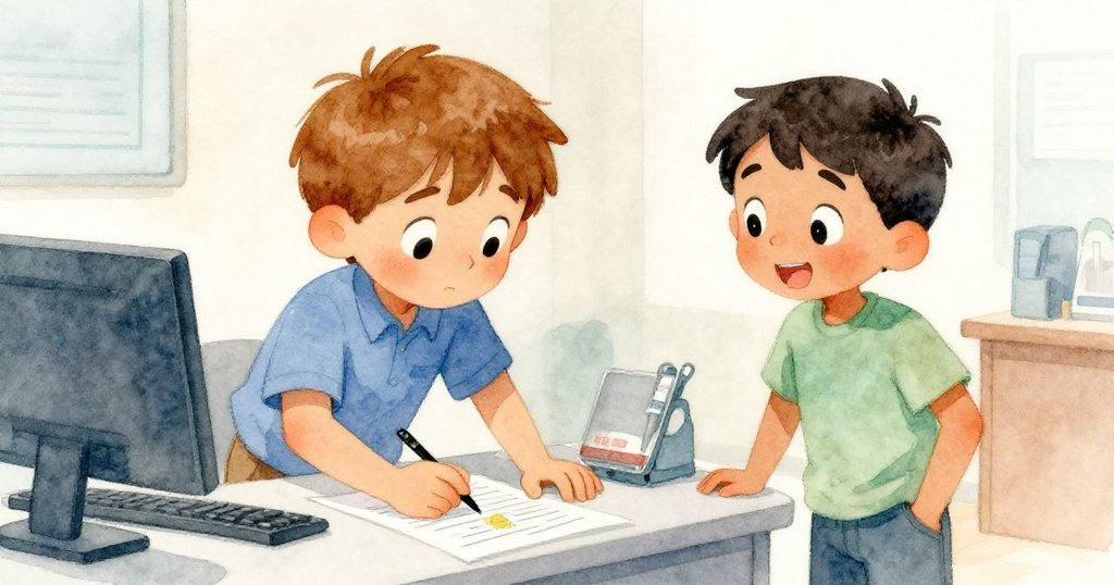 ラスが修正液の斑点を平らにし、隣でイードリスが微笑む、緊張後の安心感と喜びが満ちるカウンターシーン。