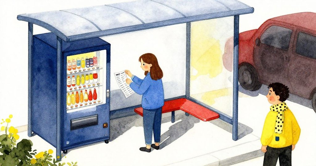 高い視点からジョイと動く街の背景、振動するベンチ、揺れる自動販売機の蓋と舞い降りる時刻表が調和する都会の情景。