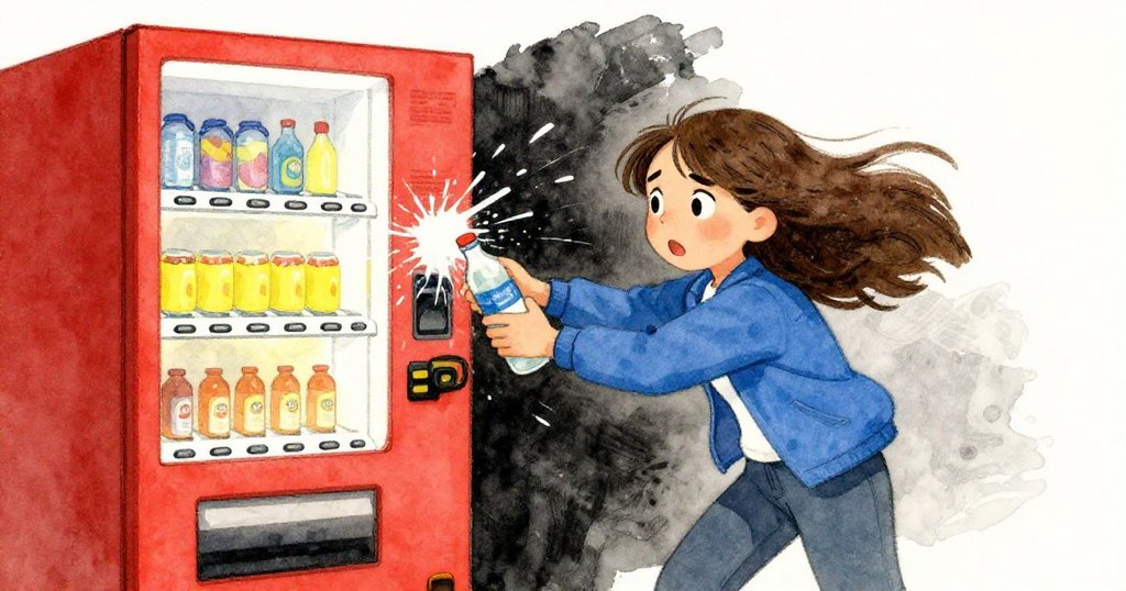 突風により自動販売機の蓋が激しく閉まる中、ジョイが驚きと決意を持ってボトルを守る緊迫した都会の瞬間。