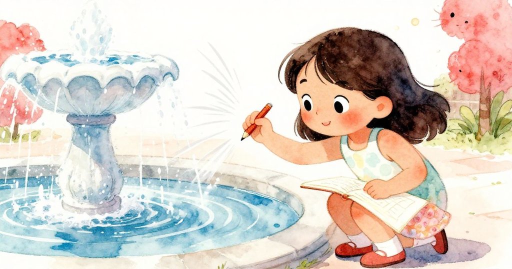 Theaが噴水の端にしゃがみ込んでスケッチし、流れる水しぶきと共に集中した表情で創作に没頭する瞬間。
