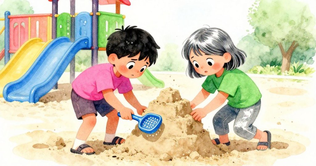 ヒースとタムシンが砂の壁作りに挑む中、乾いた砂が崩れ二人が苦労しながらも協力する様子を明るい色彩で描いたシーン。