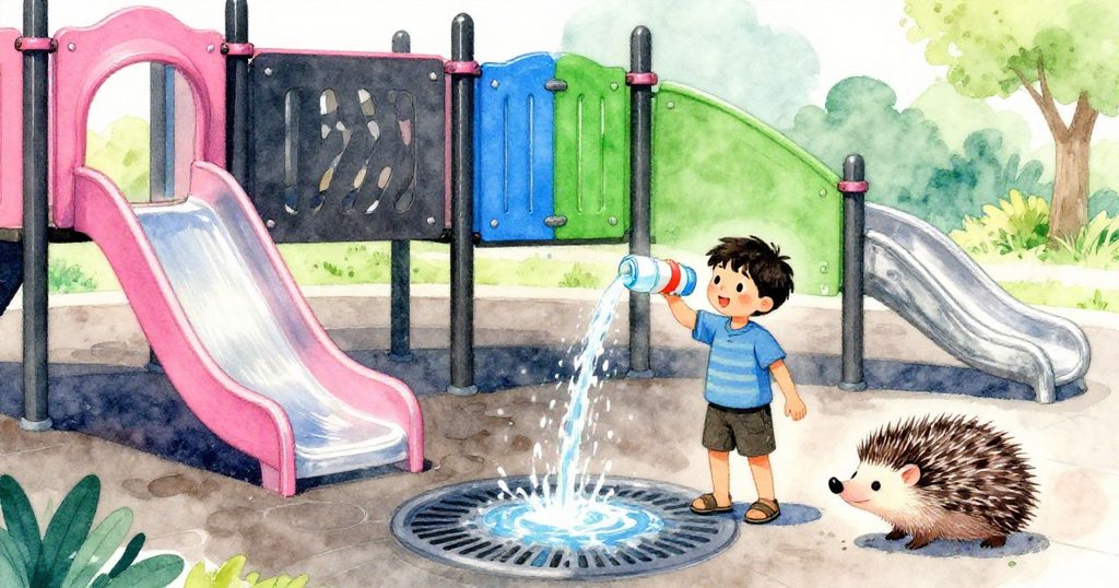 広い遊び場で、ヒースが水ボトルを押し続け安定した水流を作り出し、ハリネズミが優しく水を飲む解決と調和のシーンが描かれる。