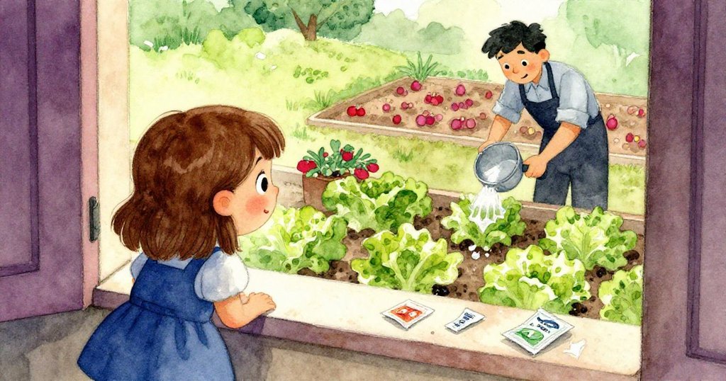 ウィノナが戸口から外を覗き、庭でレタスに水をやる庭師と、窓辺の種の封筒が見えるシーン。