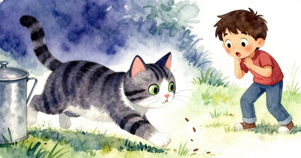 猫が走り、毛にくっついた種が床に散らばる瞬間。エリックが驚きながら見つめ、内部の明暗が際立つシーン。