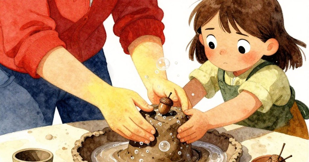 オリーブの手が冷たい土をすくい、乾いた表面に気泡と小さな樫実が現れる緻密な質感が描かれている。