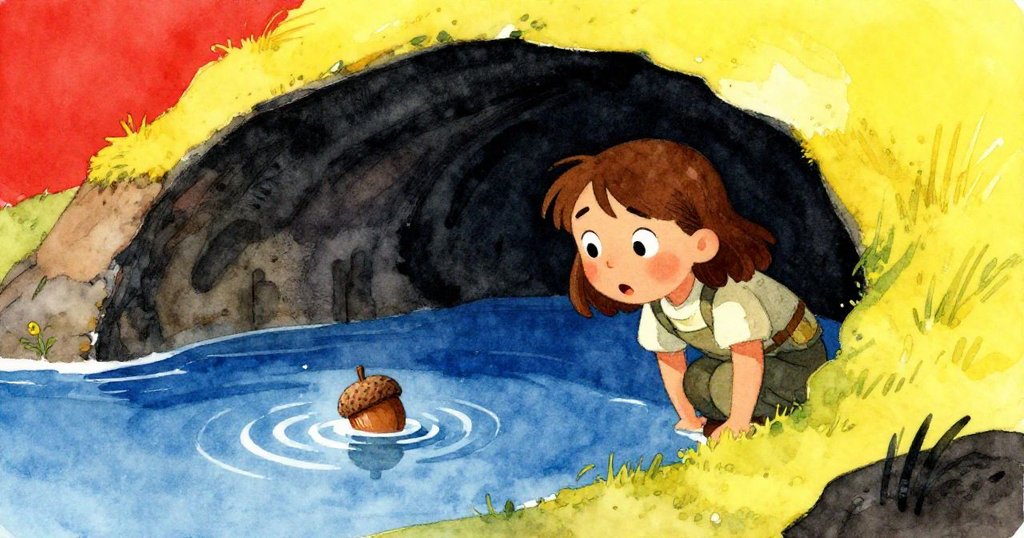 隠れた場所で、オリーブが驚きの表情で水面に浮かぶ小さな樫実を見つめる情景が温かく表現されている。