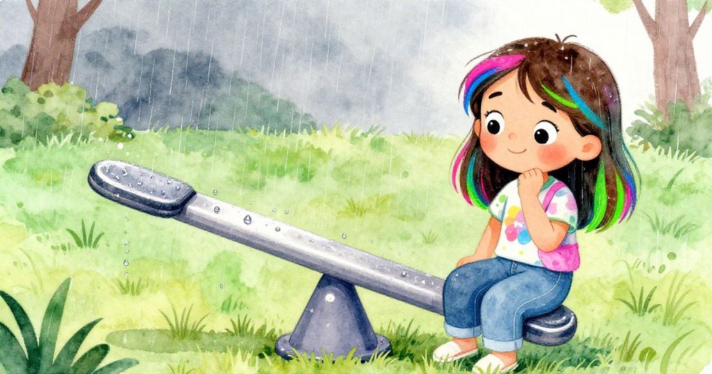 春雨が静かに降り注ぐ遊び場で、ハリエットが濡れるシーソーと光る水滴、瑞々しい草を見つめる情景が静謐に広がる。